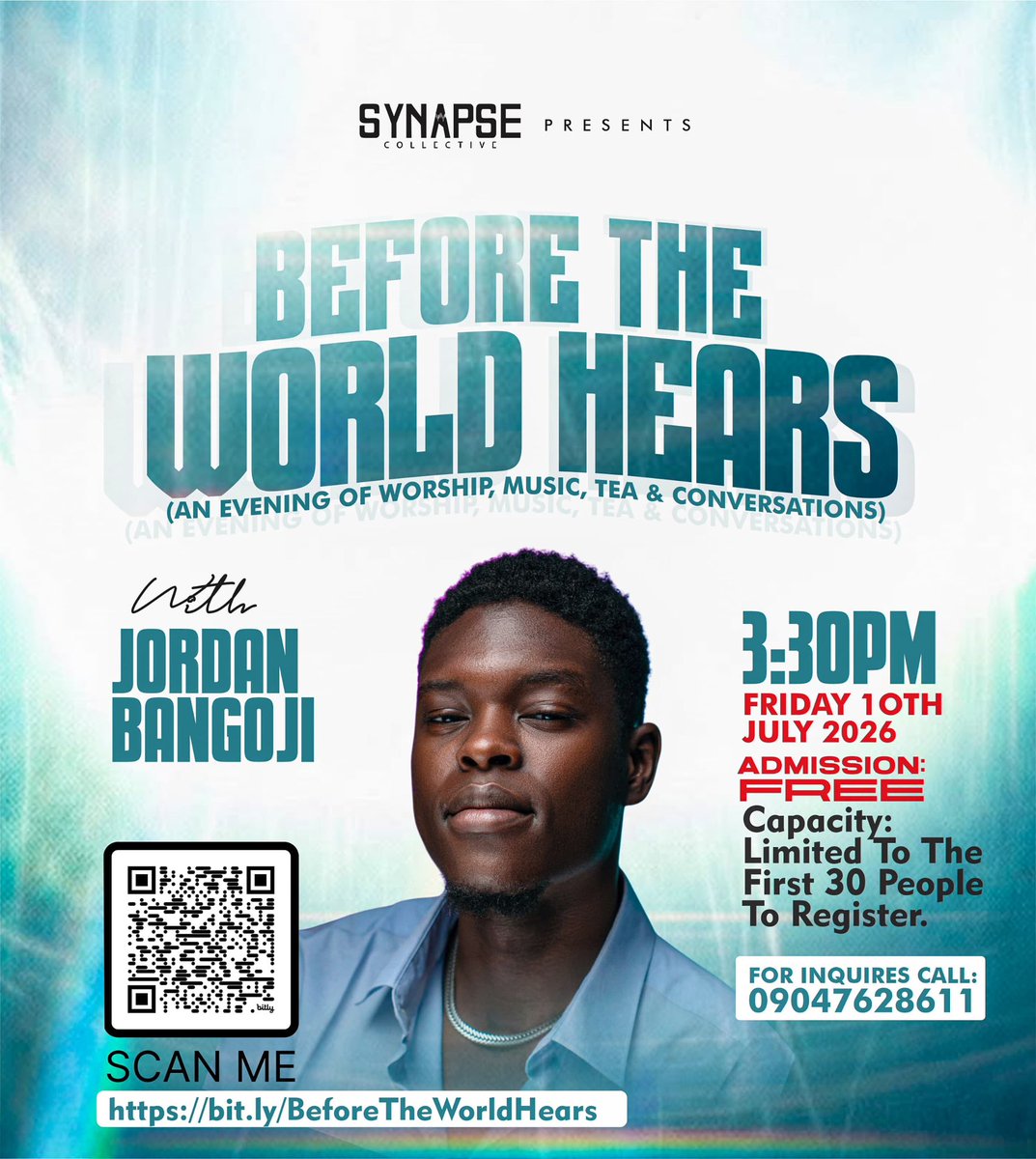 MunTheShinobi's tweet photo. Hello Jos, 

Some moments are too special for a crowd.

Before the World Hears is a private gathering where we'll worship together, share stories, and experience Jordan Bangoji's forthcoming album for the very first time.

Just 30 seats. One unforgettable evening.

Reserve your place now through by scanning the QR code on the flyer, or by visiting: 

https://t.co/Ii2eF5nz5g.
