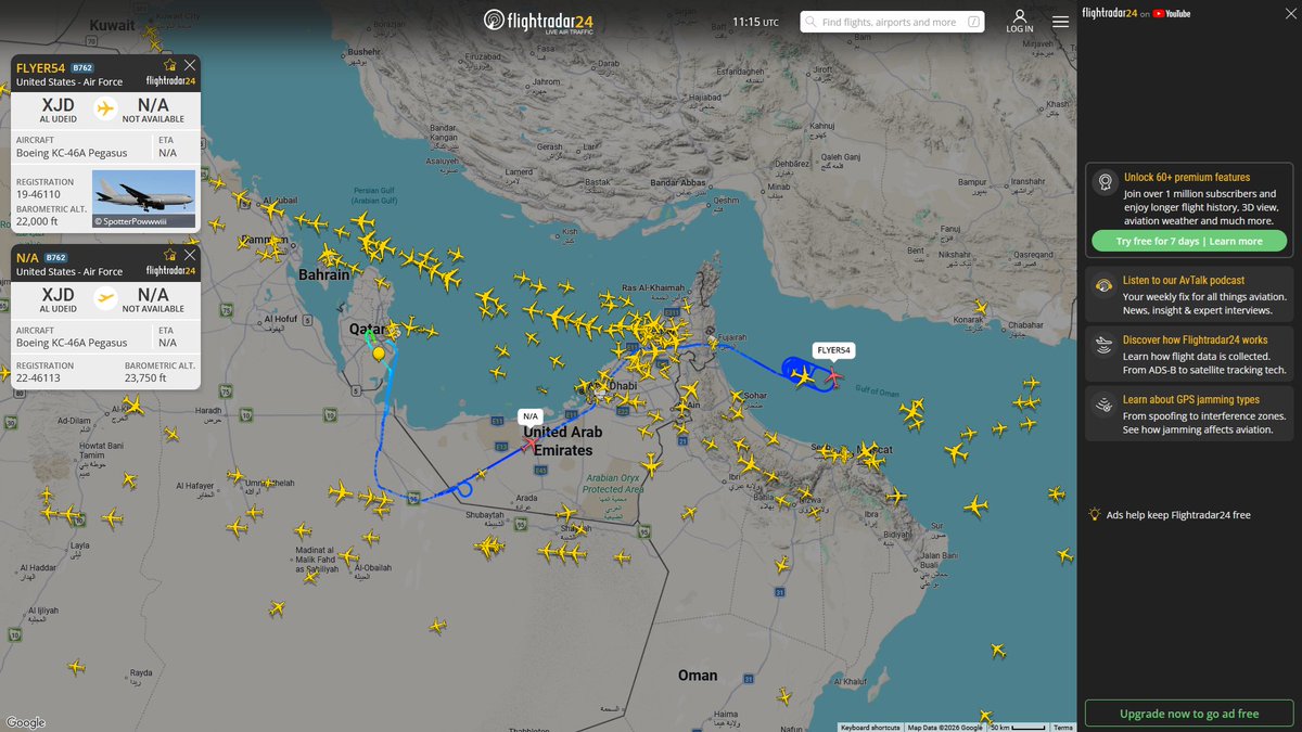 AIYeyENGDdJkjTr's tweet photo. July 7, 2026
#Al-Udeid Air Base ==> #Gulf of Oman
#FLYER54 #AED555 USAF KC-46A Pegasus
#NoCALLSIGN #AE63DD USAF KC-46A Pegasus
#Al Reef Base, Abu Dhabi ==> #Musandam Peninsula
#NoCALLSIGN #AE0362 USAF KC-135R Stratotanker
#Ben Gurion ==>
#NoCALLSIGN #AE05A4 USAF KC-135R Stratotanker