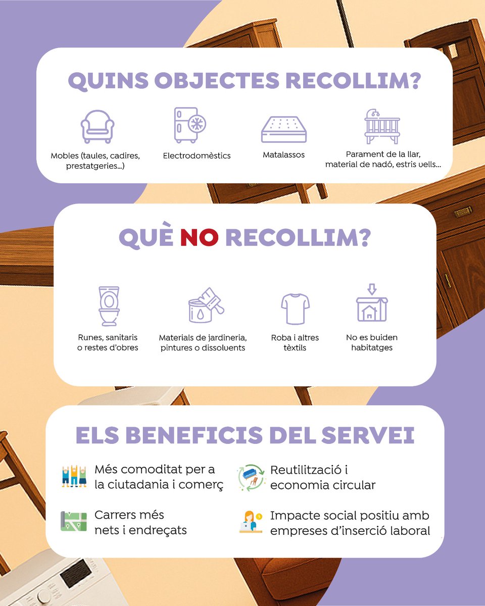 VilafrancaAj's tweet photo. 🪑 Tens un moble que fa nosa?
Et fem un recordatori del servei de recollida concertada de voluminosos a #Vilafranca.
♻️ T'ho posem fàcil:
1️⃣ Truca al 900 102 089 (de dilluns a dissabte, de 8 a 20 h)
2️⃣ Escull dia i horari que et vagi millor
3️⃣ Deixa els objectes davant de casa. https://t.co/PZNEPFMOqy