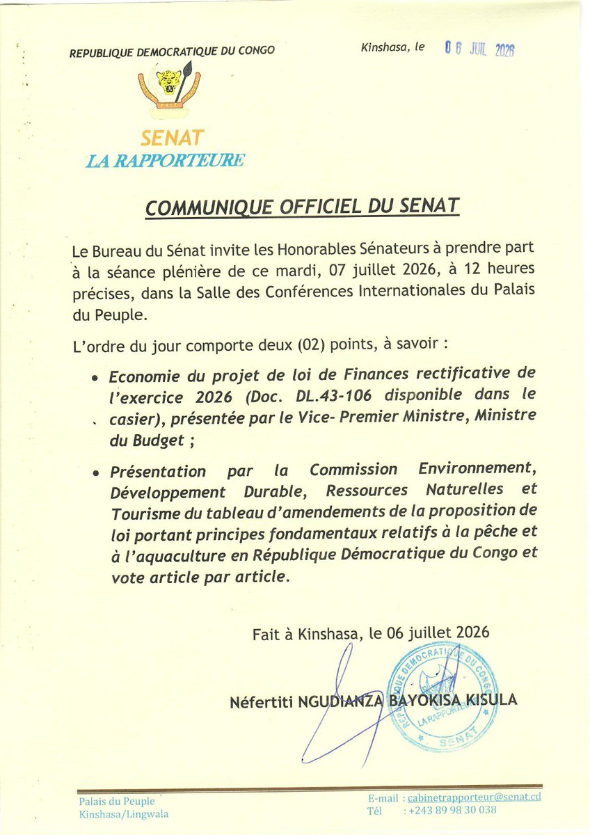 senatrdc's tweet photo. Avis de plénière: Le Sénat se réunit en séance publique ce mardi 7 juillet 2026. Deux points à l'ordre du jour: La présentation de l'économie du projet de loi des Finances rectificative de l'exercice 2026, par le Ministre d'Etat  ministre du Budget, Adolphe Muzito; la restitution, par la Commission Environnement,  du tableau des amendements à la proposition de loi portant Principes fondamentaux relatifs à la pêche et l'aquaculture en RDC.