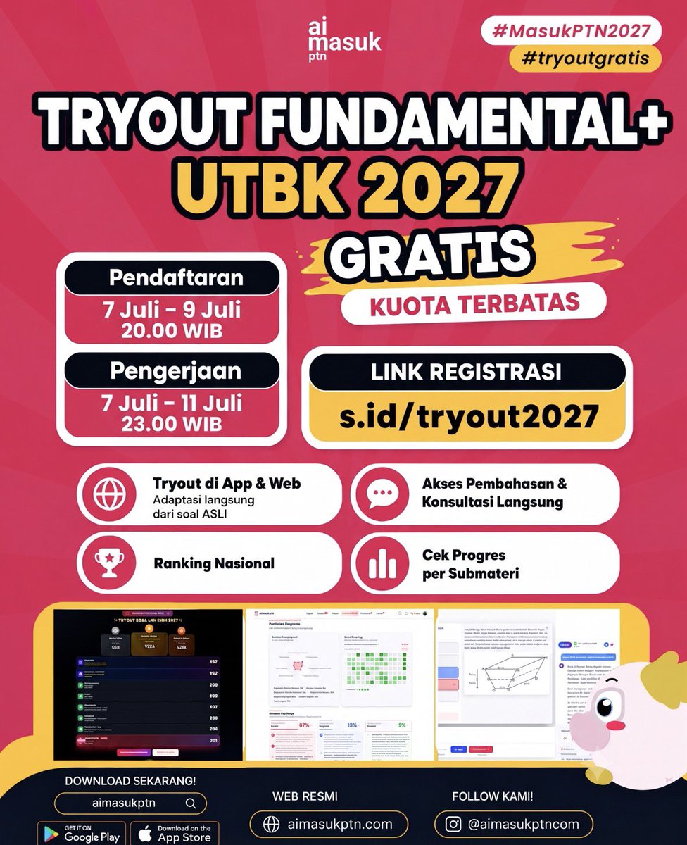 aimasukptncom's tweet photo. info tryout eksklusif gengss

siap masuk leaderboard?? 👀

kata temen” yang udah ngerjain sih banyak jebakannya yaaaa https://t.co/e9LyY096qp