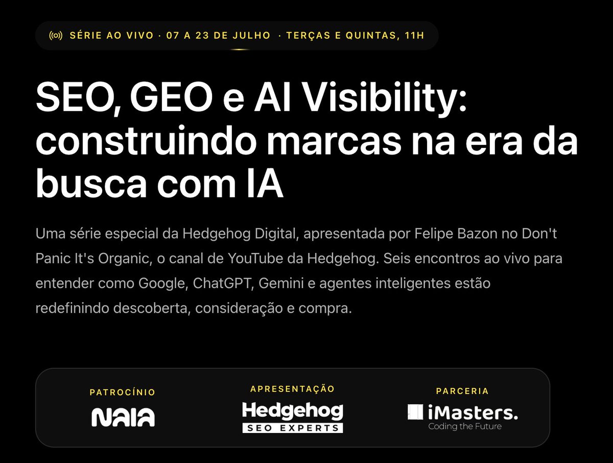 naiatoday's tweet photo. 6 aulas gratuitas sobre SEO, GEO e AI Visibility.  Sem hack. Sem promessa milagrosa. Só estratégia, contexto e prática.

👉começa hoje: https://t.co/cYCX0ALKuo

Uma série especial no canal Don’t Panic It’s Organic, em parceria com @iMasters e Naia. https://t.co/LLpp6O7s48
