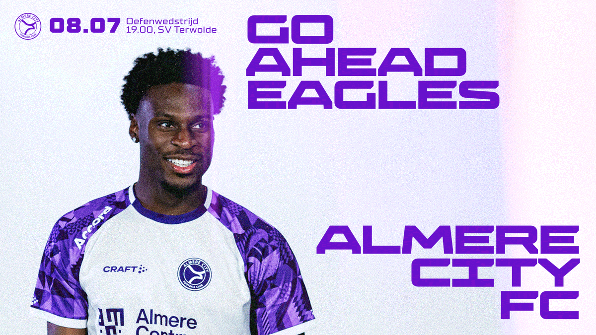 AlmereCityFC's tweet photo. Oefenwedstrijd nr. 𝟐 💜

Almere City FC speelt vanavond om 19.00 uur een open oefenwedstrijd tegen Go Ahead Eagles op het sportpark van SV Terwolde. Hopelijk zien we jullie vanavond langs de lijn! 🙌

#AlmereCity #BetterTogether #GAEALM https://t.co/L4uATBA2ck
