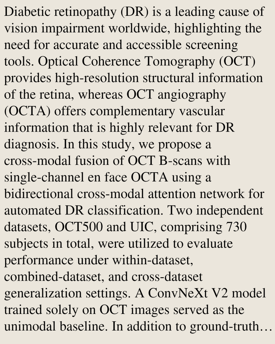 CIGX's tweet photo. Cross-Modal Fusion of OCT and OCT angiography enface for Improved Diagnostics of Diabetic Retinopathy

Rashadul Hasan Badhon, Atalie Carina Thompson, Jennifer I. Lim, Theodore Leng, Minhaj Nur Alam
https://t.co/lM00GkFx9Q [𝚎𝚎𝚜𝚜.𝙸𝚅 𝚌𝚜.𝙲𝚅 𝚌𝚜.𝙻𝙶] https://t.co/SX47zldRfc