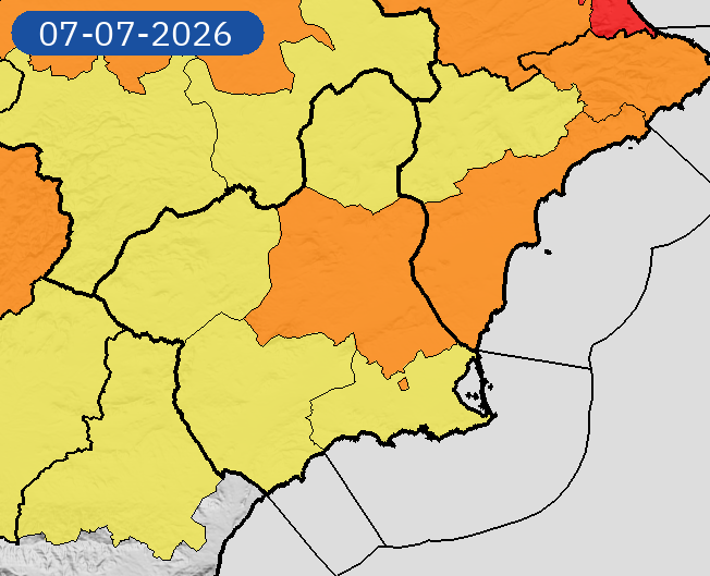 AbanillaAyto's tweet photo. AVISOS AEMET CALOR. 🟠🌡️. 

Hoy martes 7 de julio NIVEL 🟠NARANJA🟠 con temperaturas máx. de hasta 42 °C en nuestra comarca, Vega del Segura, con atención a los intervalos entre las 13 y las 21. 

Éste aviso se repetirá 𝐦𝐢𝐞́𝐫𝐜𝐨𝐥𝐞𝐬 𝟖 𝐲 𝐣𝐮𝐞𝐯𝐞𝐬 𝟗 𝐝𝐞 𝐣𝐮𝐥𝐢𝐨 https://t.co/QPvYFB1IBw
