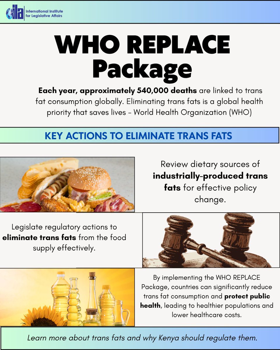 IILAinfo's tweet photo. One harmful ingredient. Thousands of preventable deaths.

Industrially produced trans fats(ITFAs) increase the risk of heart disease and have no known health benefits. The @WHO  REPLACE package provides a roadmap to eliminate them and create healthier food environments.

#TransFatFreeKenya #TransFatFreeEAC