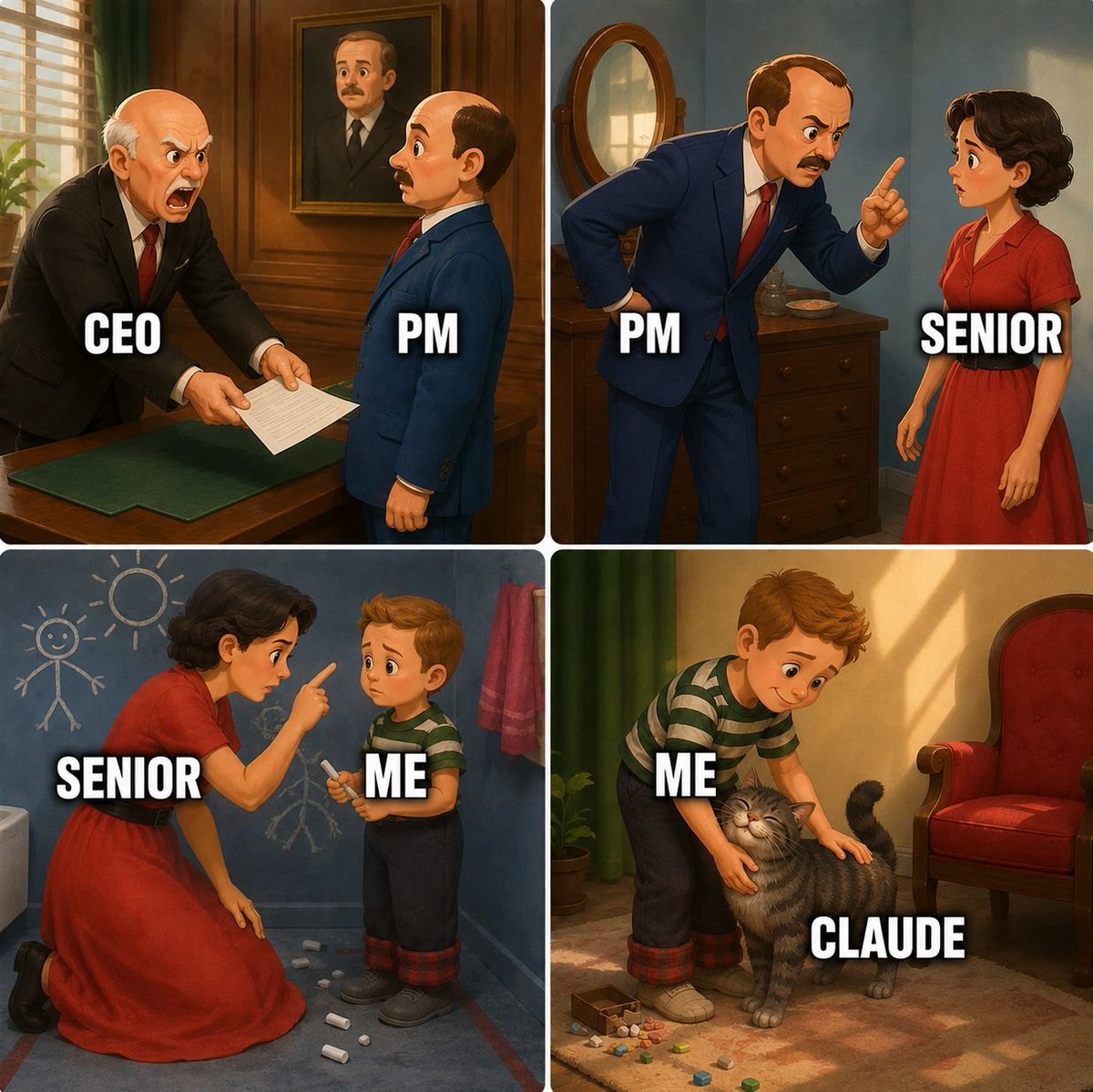 Amullon3's tweet photo. CEO: "Who broke production?"
PM: "Senior, explain."
Senior: "Mellon, what happened?"
Me: opens Claude 😭😂

The cycle of modern software engineering.
#TechTwitter #Programming #DeveloperHumor #AI #Claude #Coding #100DayChallenge #WomenInTech #Software https://t.co/lmLIs0TH9a