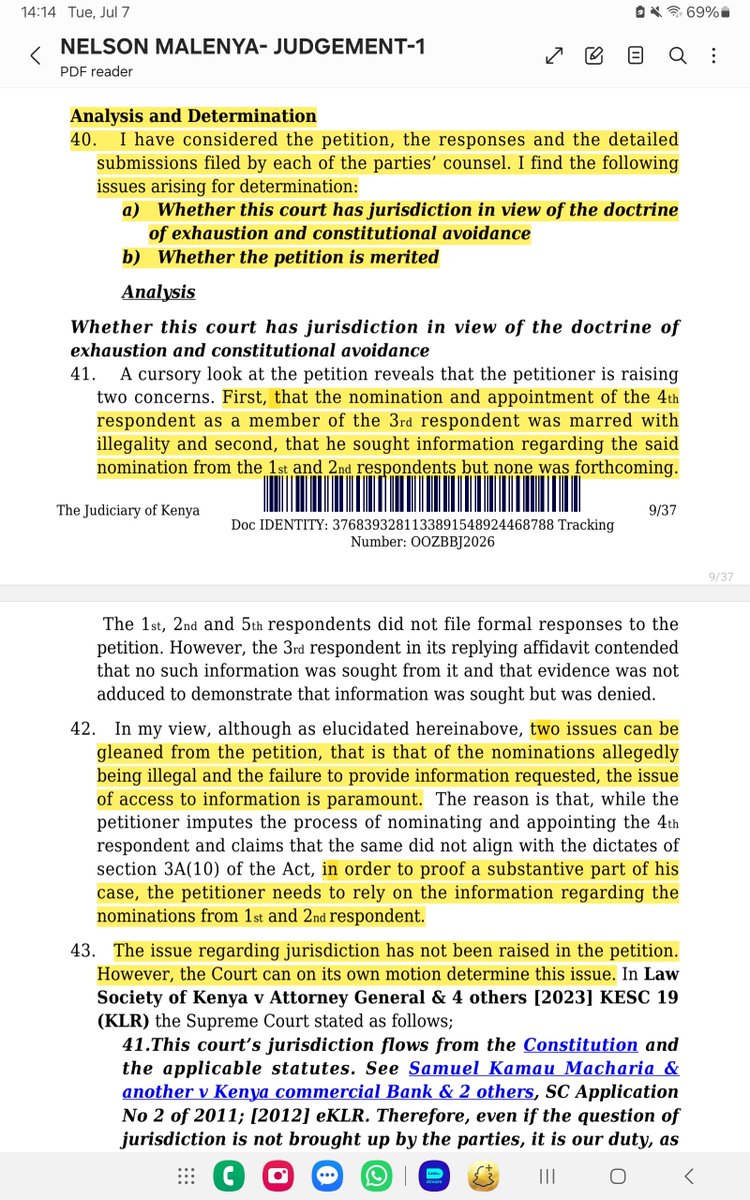 A_Khalif01's tweet photo. A very simple petition on the issues of access to information and legality or otherwise of the appointment of a public official has descended into a lecture on; 

1. Jurisdiction 
2. Doctrine of exhaustion 
3. Constitutional avoidance 
4. Administrative action 
5. Alternative Dispute Resolution (ADR) 

In a nutshell, the Hon Judge disagrees to agree.

@joshuamalidzo