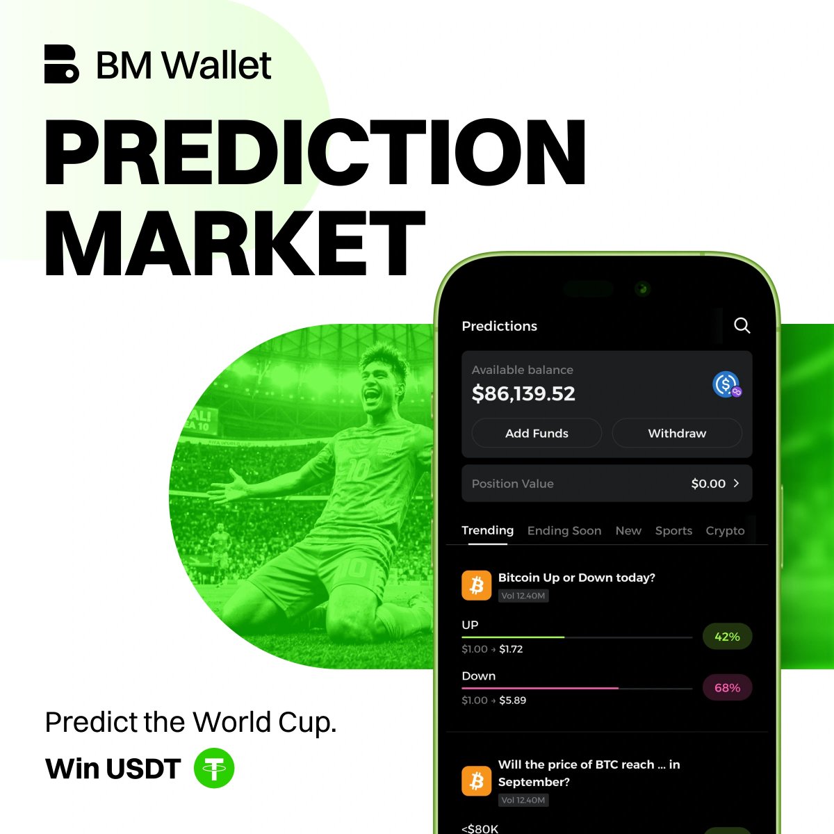 BM_Wallet's tweet photo. 🏆 Predict & Win — BM Wallet Prediction Market  

The World Cup is here. Your predictions are worth real money. ⚽  

How to join: 
1️⃣ Create a BM Wallet and enter the Prediction Market
2️⃣ Make any prediction and take a screenshot 
3️⃣ Like + repost this tweet, drop your screenshot + EVM wallet address in the comments  

🎁 10 random winners · 20 USDT each 
📅 2-week campaign · Rewards sent within 3 business days after the draw  

📲 Don't have a BM Wallet yet? Download here → https://t.co/y4Eyw6s0XN  

🎉 Join BM Wallet's first World Cup Prediction Event — a 3,000 USDT pool up for grabs → https://t.co/zT0B6GnVIv  

#BMWallet #PredictionMarket #FIFAWorldCup
