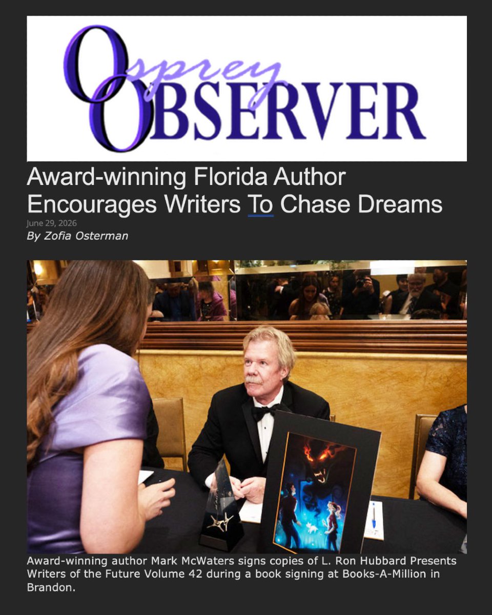 WotFContest's tweet photo. 📰 In the News: Mark McWaters Florida Author Inspires the Next Generation

Award-winning author Mark McWaters, a Writers of the Future winner, is encouraging aspiring writers to take the leap and pursue their dreams.

Featured at a recent book signing for L. Ron Hubbard Presents Writers of the Future Volume 42, McWaters shared the message that every writer needs to hear:

✨ “Keep writing. Never stop. And submit your work!”

From advertising creative director to internationally recognized author, his journey proves that success starts with one step—and the courage to share your work.

📖 Read the full story → https://t.co/hwhqseNRo2

#WOTF42 #WritersOfTheFuture #MarkMcWaters #SciFiFantasy #SpeculativeFiction #AuthorJourney #GalaxyPress