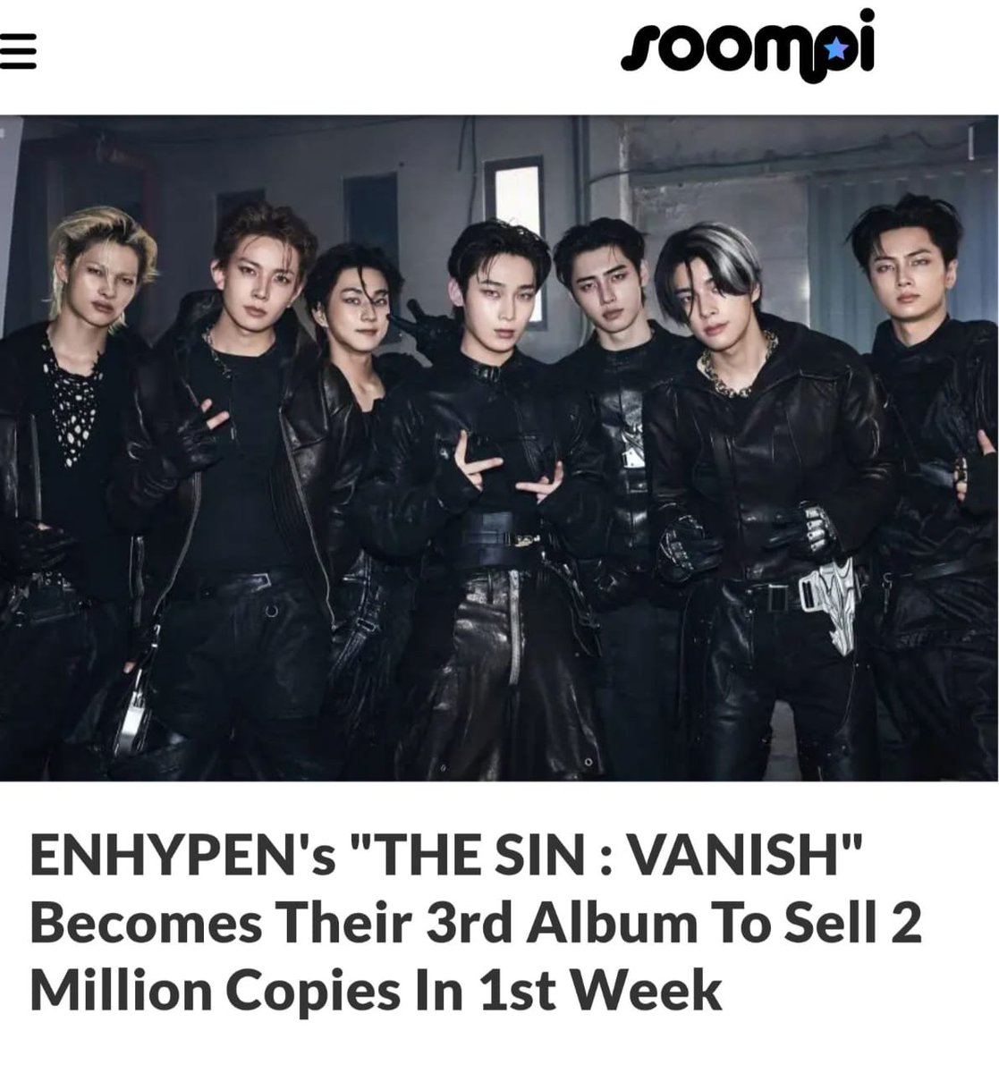 ENHYPEN7_BASE's tweet photo. The SIN: VANISH New Era

​A powerful new chapter! ENHYPEN launched their conceptual series 'THE SIN: VANISH', debuting at No. 2 on Billboard 200 and securing their first-ever Artist 100 No. 1. Another double million-seller milestone hit in just the 1st week https://t.co/SwvrM1l3bw