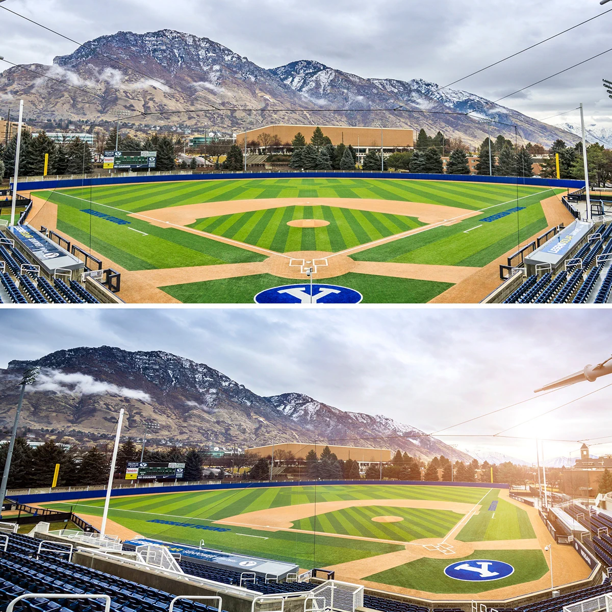 Top photo: High-home view of BYU’s MIller Park, overlooking a mountain range in the background.

Bottom photo: Left-leaning high-home view of BYU’s MIller Park, with the sun rising over the far side of a mountain range.