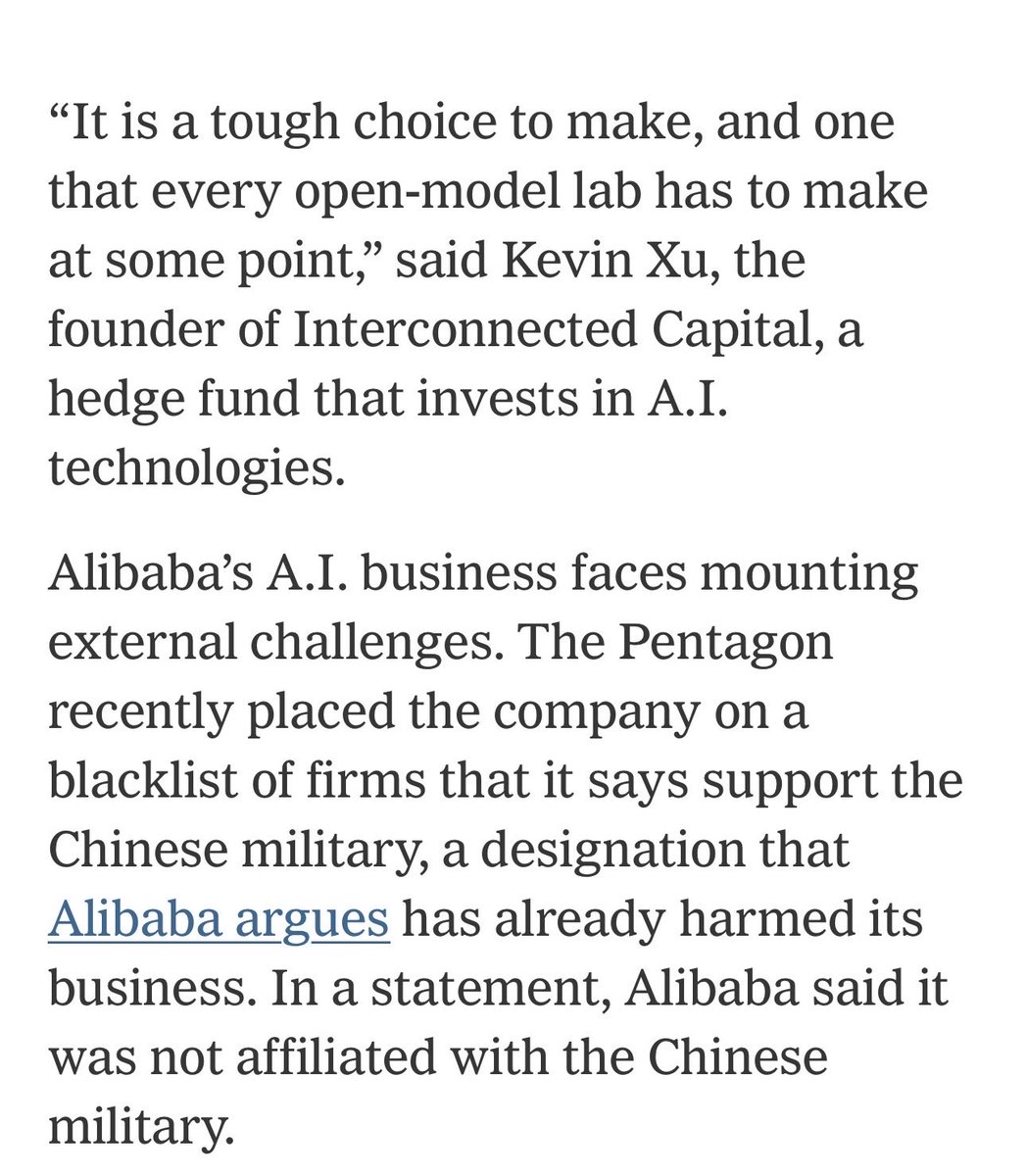 kevinsxu's tweet photo. Glad to share some thoughts in the NYT on Alibaba and open model profitability, along with @kyleichan and others 

It is hard business model to crack, lots of difficult tradeoffs, but has been done before, so by no means impossible https://t.co/nVj4DTHGJW