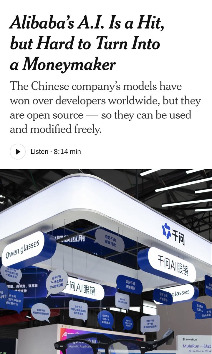 kevinsxu's tweet photo. Glad to share some thoughts in the NYT on Alibaba and open model profitability, along with @kyleichan and others 

It is hard business model to crack, lots of difficult tradeoffs, but has been done before, so by no means impossible https://t.co/nVj4DTHGJW
