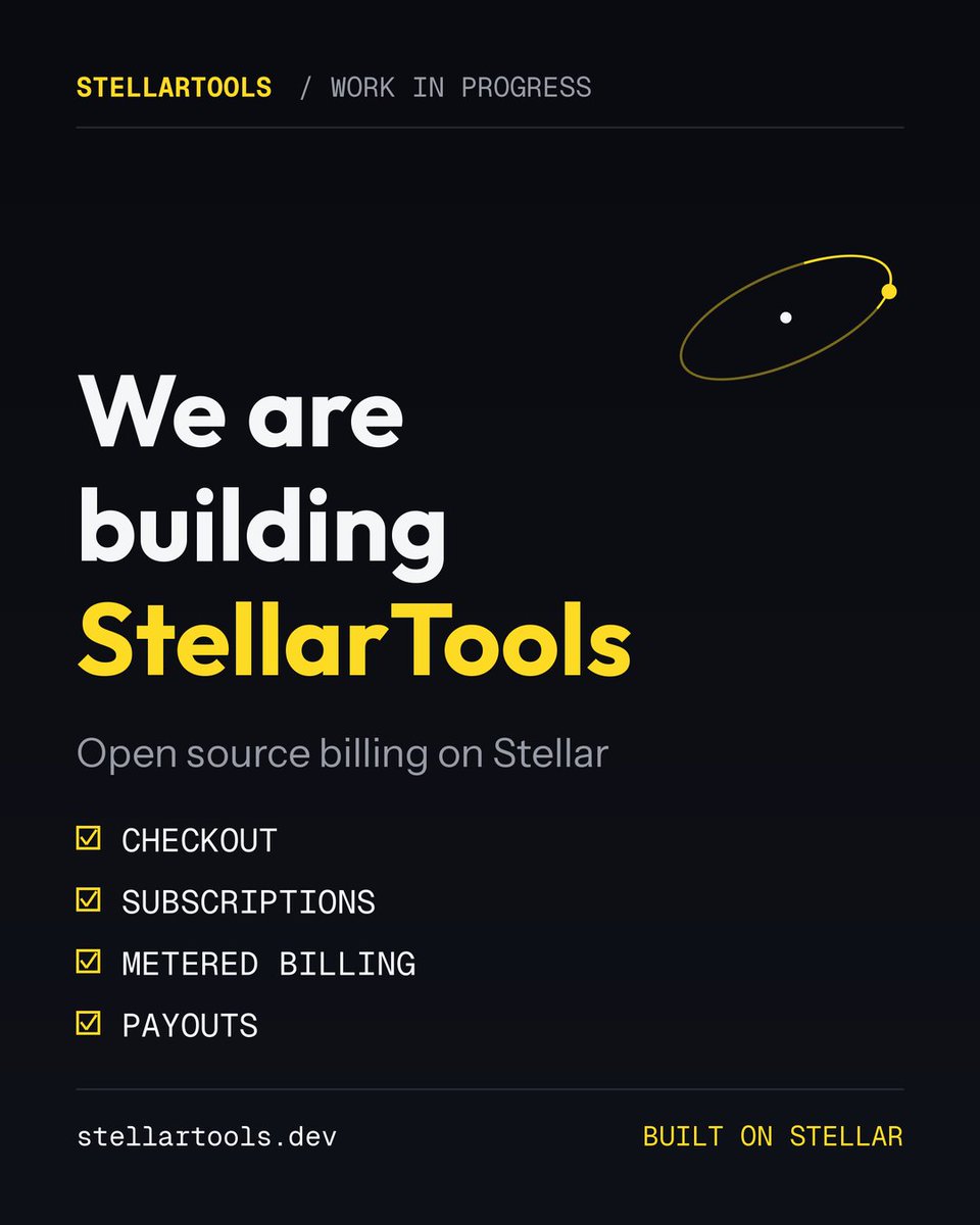 stellartoolsorg's tweet photo. We got tired of payment rails that settle in days and stay closed, so we are building StellarTools
Open source billing on Stellar, work in progress: checkout, subscriptions, metered billing, payouts
Building in the open at https://t.co/tSuSllqxJm https://t.co/uFyh4FOceu