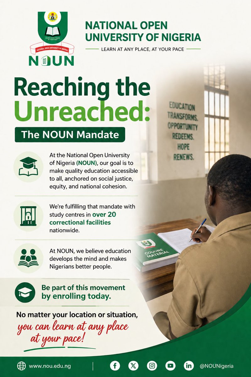 nounofficial_'s tweet photo. We’re touching lives in over 20 correctional facilities in Nigeria!
#NOUN #opendistancelearning #nigerianuniversities #openuniversity #nigerianstudents https://t.co/SHSRTsDqU3