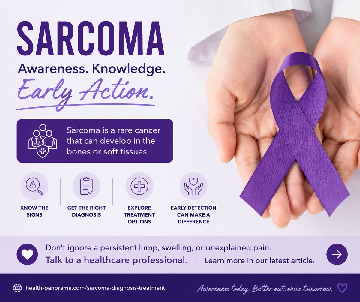 health_panorama's tweet photo. A lump that keeps growing or pain that won't go away shouldn't be ignored.

Sarcoma is a rare cancer that can affect bones and soft tissues, and early diagnosis can make a real difference.

Learn the warning signs, how it's diagnosed, and treatment options in the comments...

Please share to help raise the awareness. 💙

#SarcomaAwareness #CancerAwareness #EarlyDetection