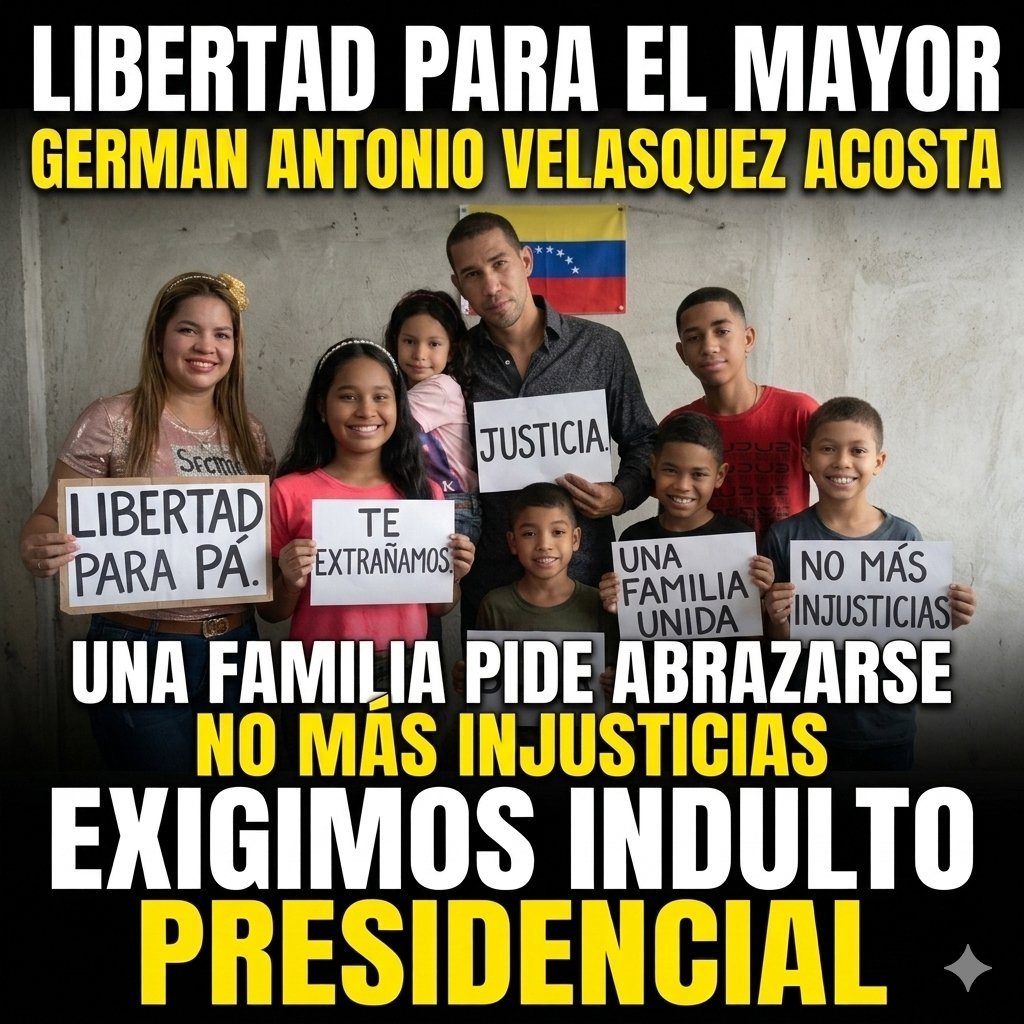 yenmaryvel21909's tweet photo. Familiares del Mayor Germán Antonio Velásquez Acosta exigen su libertad inmediata. Es hora de hacer justicia, conceder el indulto y permitir que una familia vuelva a abrazarse y reconstruirse en medio del caos. ¡Justicia y libertad ya! #LibertadParaElMayorVelásquez
#Libertad https://t.co/mMv5CpXc6V