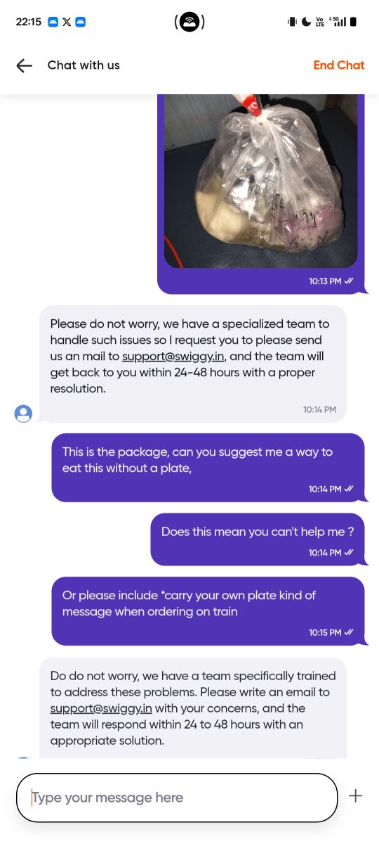shitb23's tweet photo. Ordered food on train via @swiggy_in
Got it packed in 2 plastic bags like some roadside  meal.
No plate. No spoon. Nothing.
Now I'm supposed to eat with my hands like a caveman while the train is moving?  🫪
Support's response? 'Email us bro, team will reply in 24-48 hrs'
Bro I’m on a MOVING TRAIN. I need to EAT NOW.
This is actually insane.
I’ll keep posting this clownery.

#SwiggyFail #SwiggyScam