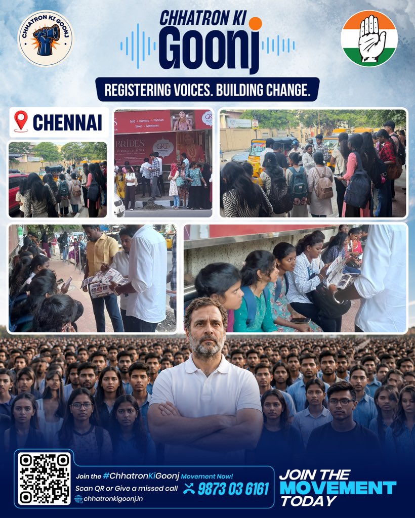 IYC's tweet photo. Chhatron Ki Goonj 📚✊🏻🇮🇳 

Youth Congress workers connected with students across📍Chennai shared the vision of #ChhatronKiGoonj, and invited them to be a part of the movement.

Your voice belongs here.

📲 Join the movement. Scan the QR or give a missed call to become a part of #ChhatronKiGoonj
