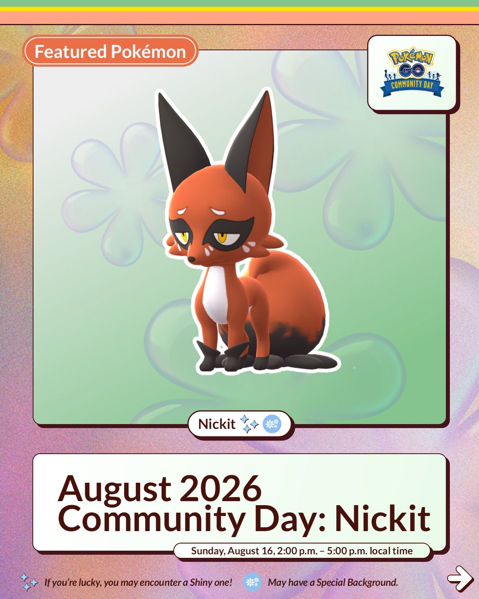 PokemonGoApp's tweet photo. Hold on to your snacks, Trainers! 👀

Nickit, the Fox Pokémon, will be featured during August Community Day in #PokemonGO! 🤩

August 16 from 2:00 p.m. to 5:00 p.m. local time

https://t.co/5DQTW3TXDG https://t.co/0RAkKZhcwA