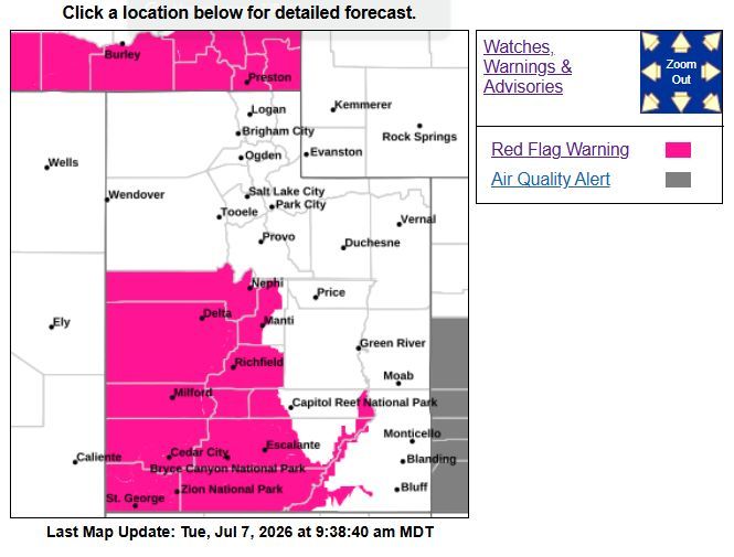 UtahWildfire's tweet photo. ๐ฉ Red Flag Warning: Noon todayโ9 PM MDT Wed for Beaver, Garfield, Iron, Juab, Kane, Millard, San Juan, Sanpete, Washington & Wayne counties. Gusty winds, single-digit humidity & dry fuels mean fires can spread rapidly. Avoid sparks. Use #FireSense. #UTFire https://t.co/0cYV95nZn3