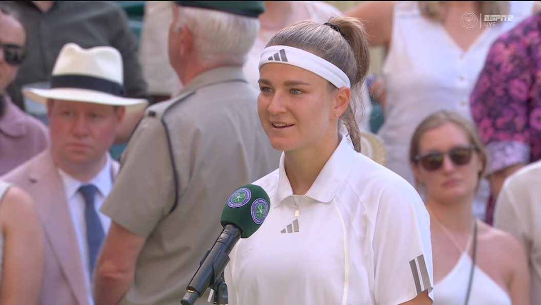 TheTennisLetter's tweet photo. Muchova after beating Naomi Osaka to reach Wimbledon SF

“You looked very calm throughout…”

Karolina: “Oh my God, I was nervous 😂. She’s an unbelievable athlete. So many times we’ve played… A week ago in a tournament against each other. We know each other pretty well at this point. I know you can’t lose that focus. You have to still keep going and play every point. If you give her a little chance, she takes it and it goes the other way. All the best to her. She’s a great tennis player. Sorry, I don’t know what I’m saying… I’m glad I won today” 😂

On reaching the semifinals of Wimbledon for the first time: 

“It’s unbelievable. I’m super happy with today’s win, with this atmosphere. I don’t know if you guys know but I played 3 times on this court and it was 0-3, so I was a little bit not in a good relationship with this court  😂. But I’m super happy we finally made it today and I got that win in front of you all. Thank you for supporting us. It was unbelievable.” ❤️