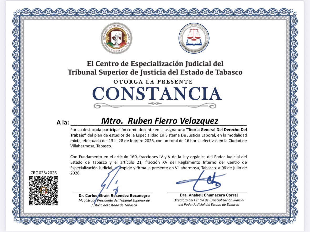 FerrumR's tweet photo. Muchas gracias al CEJ del @tsj_tabasco por la oportunidad que hace meses me dieron de impartir clase a su alumnado, y contribuir a la formación de profesionales involucrados en el Sistema de Justicia Laboral. https://t.co/g9DG7iELc4