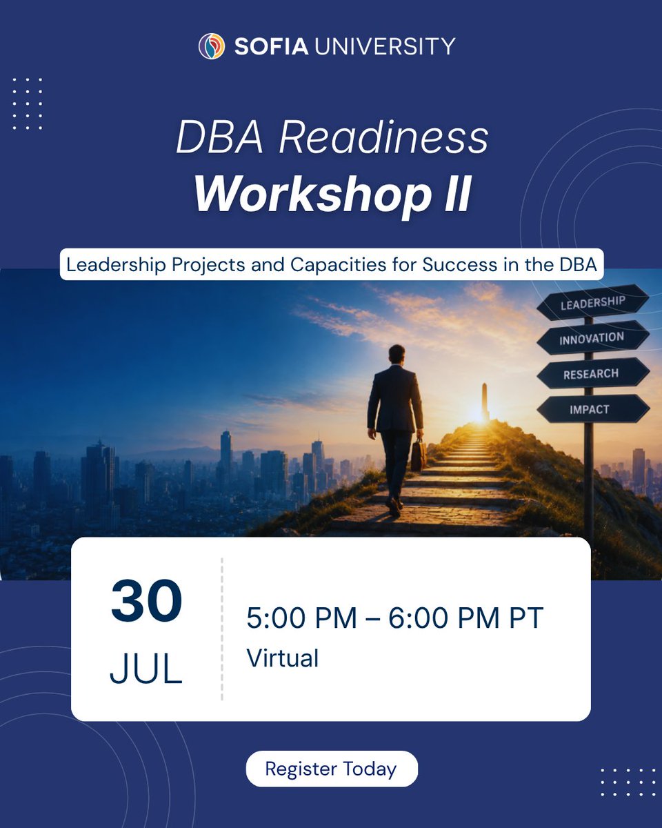 sofiauCA's tweet photo. Join our free interactive workshop: Leadership Projects and Capacities for Success in the DBA.

You'll explore systems thinking, emotional intelligence,  and how to translate workplace challenges into a doctoral project.

Register here: https://t.co/RJ0VPP3RvZ https://t.co/i0SeKSdq1a