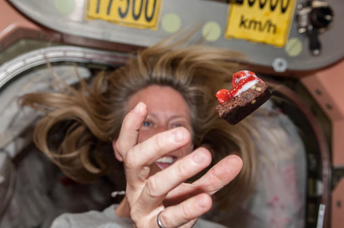 NASA astronaut Karen Nyberg floats a piece of chocolate candy in front her in the Node 1 module during meal time. Credit: NASA