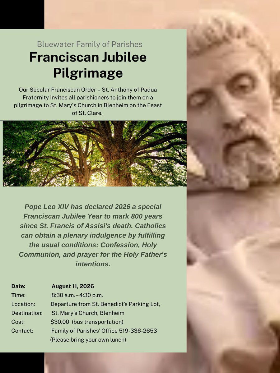 SBRCFP's tweet photo. 🚌🙏 Join us August 11 for a Franciscan Jubilee Pilgrimage to St. Mary's Church in Blenheim, a designated Jubilee pilgrimage site.
The day includes Mass, Confession, prayer +reflections on St. Francis
💲30 (bus included)
📅 Register by July 31
📞 Reserve your seat: 519-336-2653 https://t.co/IieSRBw27y