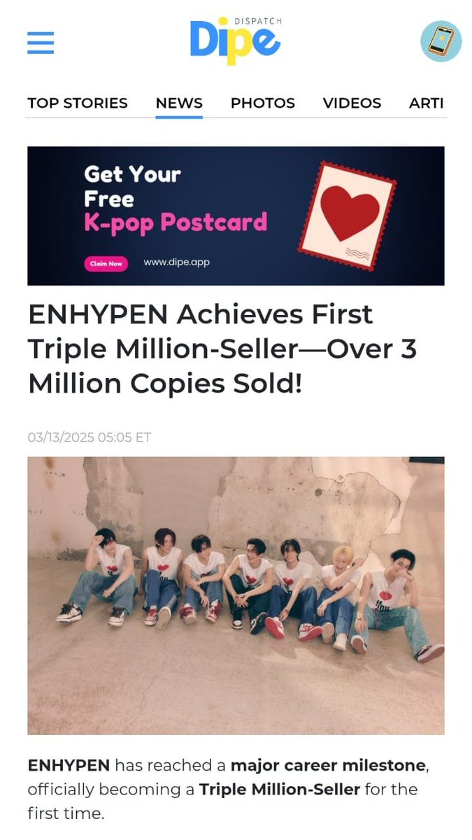 ENHYPEN7_BASE's tweet photo. The ROMANCE: UNTOLD Legendary Era

​A career-defining milestone! ENHYPEN’s 2nd studio album 'ROMANCE: UNTOLD' officially became their first-ever "triple million-seller," soaring past 3 million copies sold. Dominating major global charts including massive Billboard peaks https://t.co/3B4J0COHeB