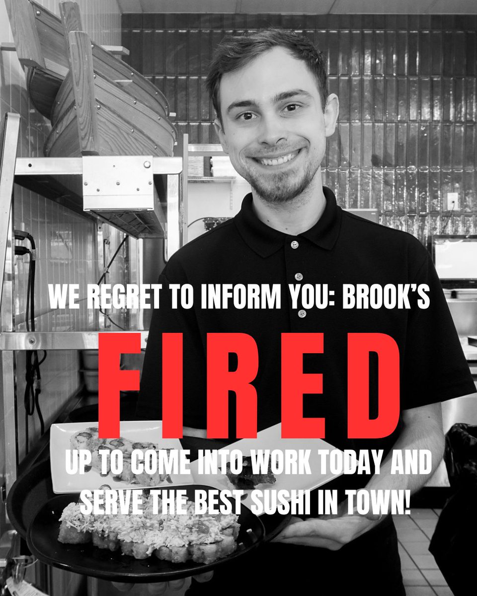TrappersSushi's tweet photo. I think this news comes as a surprise to everyone... but Brooks is fired up to come in and serve everyone the best sushi in town! 🍣 https://t.co/G7FBXgFSjM