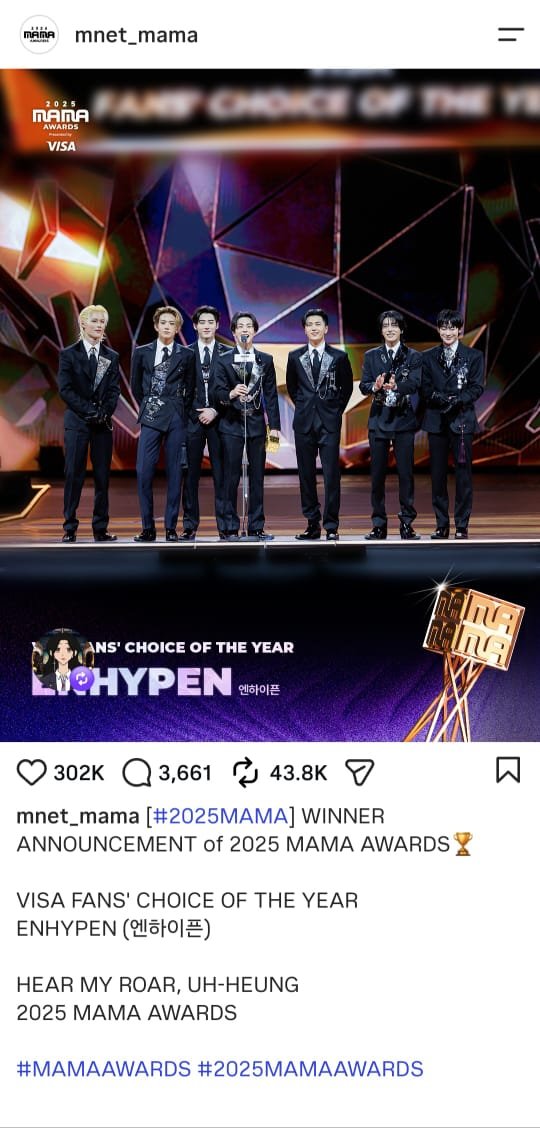 ENHYPEN7_BASE's tweet photo. The Ultimate Daesang Era

​A historic triumph! ENHYPEN reaches the pinnacle of success, capturing major awards including the prestigious MAMA FANS’ CHOICE OF THE YEAR grand prize alongside multiple Daesangs. https://t.co/Dm6m9zpxBD