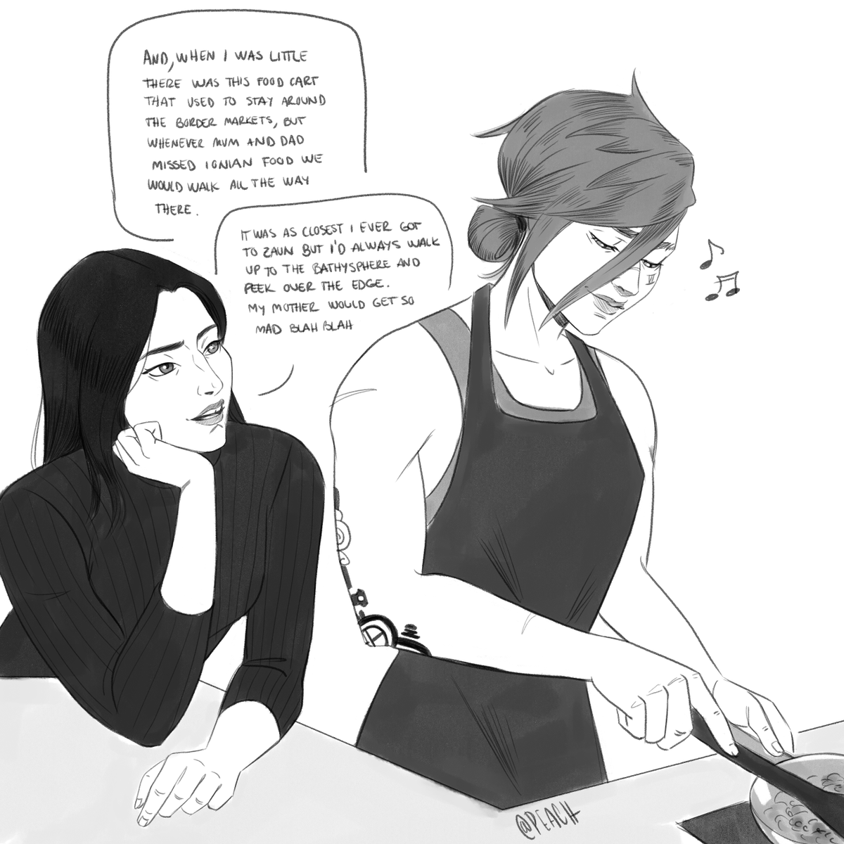 PeachesPlace's tweet photo. Greta requested "Caitlyn yapping while Vi makes them both dinner 🫶" 
Made up some cute Caitlyn lore ❤️ https://t.co/lPkKRQrbM8