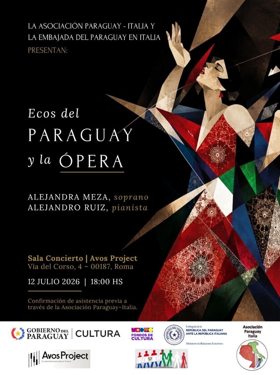 EmbParaguay_ITA's tweet photo. La Embajada del Paraguay en Italia tiene el honor de invitar al concierto “Ecos del Paraguay y la Ópera”. ¡Les esperamos! 🇵🇾🎶 https://t.co/ofWIiHdF9y