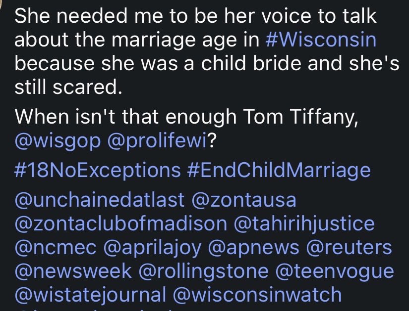 DrBarnabyPhD's tweet photo. When isn’t it enough? 

@TomTiffanyWI @wisgop @prolifewi?
#18NoExceptions #EndChildMarriage 

@UnchainedAtLast @ZontaUSA @tahirihjustice @ncmec @aprilajoyr @AP @Reuters @Newsweek @RollingStone @TeenVogue @WiStateJournal @WisconsinWatch @journalsentinel https://t.co/GRi4eDj26j