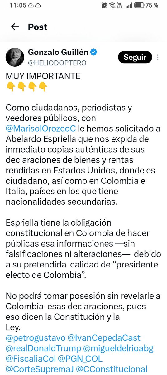 reiconsort's tweet photo. Atención Urgente! El periodista Gonzalo Guillen como veedor, ciudadano y periodista solicita que inmediatamente el señor De La Espriella publique sus declaraciones de renta tanto en Colombia, como en Italia y EEUU, de conformidad con la ley para poderse posesionar como presidente el 7 de Agosto. Es una obligación por parte de este señor hacerlo