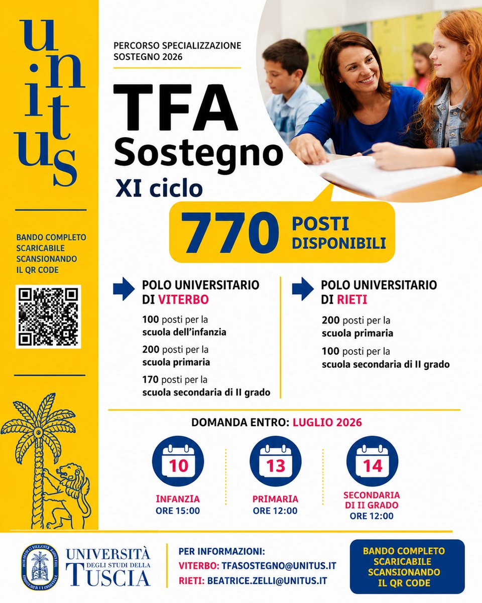 UniSabina's tweet photo. 📚 Aperte le iscrizioni al TFA Sostegno XI ciclo 2025/2026 presso la sede di Rieti dell'Università degli Studi della Tuscia. Bando, tutorial, scadenze (10-14 luglio) e tutte le informazioni utili. 📷 https://t.co/r04jT2DLwg #TFASostegno #Rieti #Unitus #SabinaUniversitas https://t.co/C6Tywd0GDo