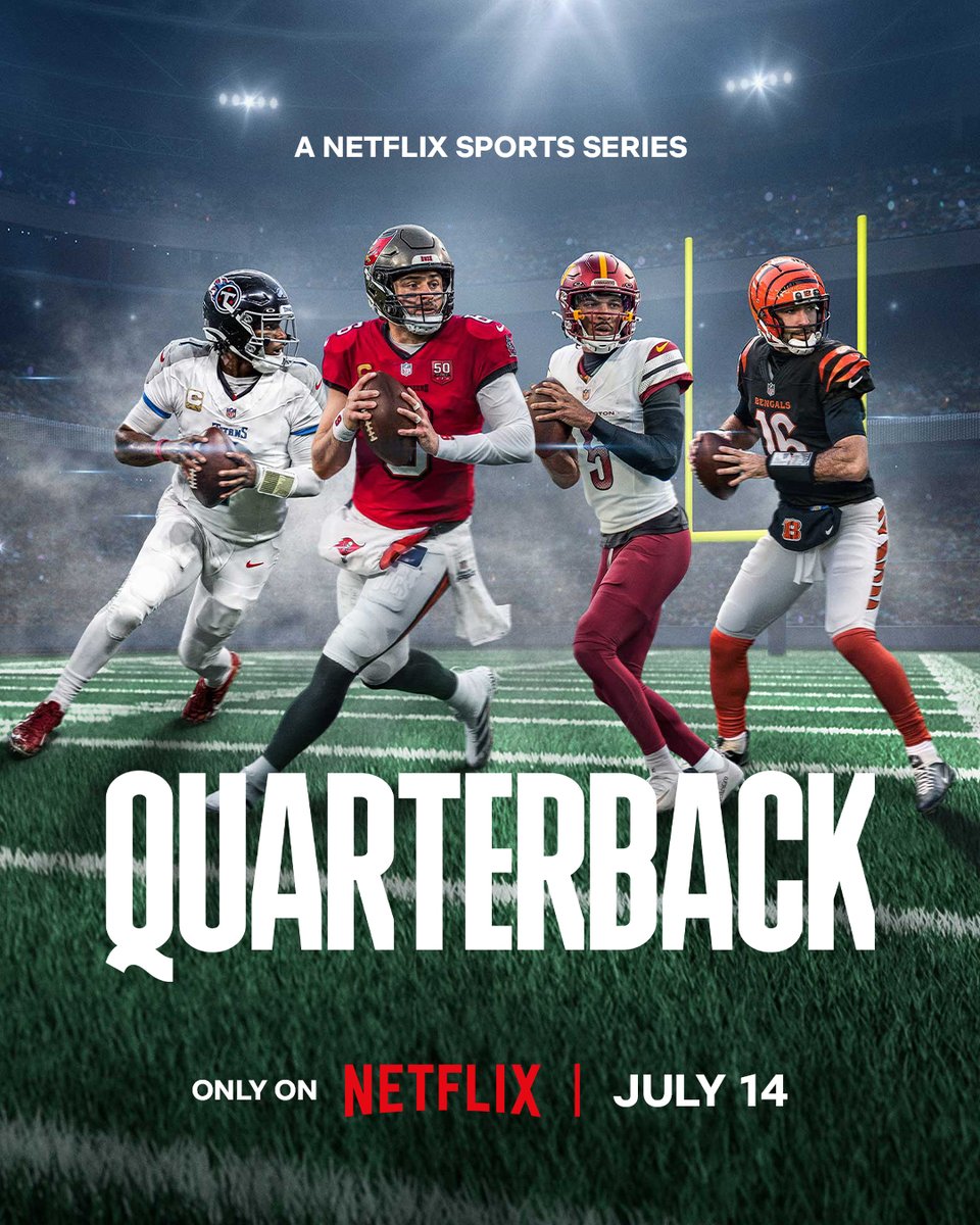 NFLMedia's tweet photo. 🚨July 14🚨

Season 3 of Quarterback premieres ONE WEEK FROM TODAY on @netflix!

🏈Cam Ward
🏈Baker Mayfield
🏈Jayden Daniels
🏈Joe Flacco

@NFLFilms @OmahaProd https://t.co/GO171KK4b1