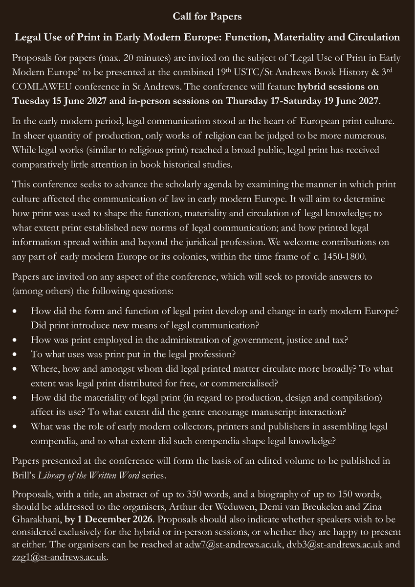 universalstc's tweet photo. 📢 CALL FOR PAPERS KLAXON! 📢
Proposals for papers are invited on the subject of ‘Legal Use of Print in Early Modern Europe’ to be presented at the combined 19th USTC/St Andrews Book History &amp; 3rdCOMLAWEU conference in St Andrews
The deadline for proposals is 1 December 2026
#CfP https://t.co/Chw4Eq0pgj