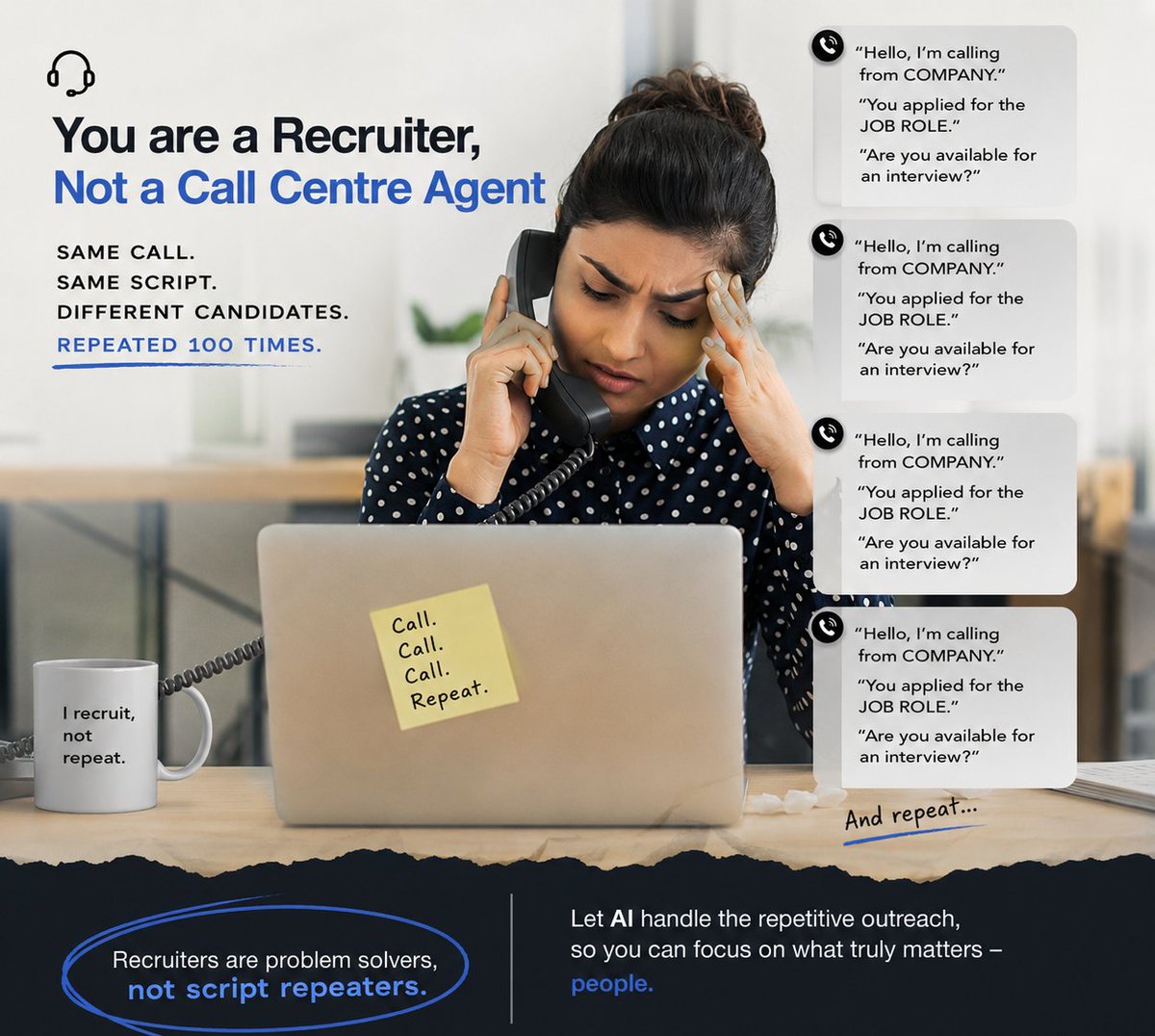 Altoks_AI's tweet photo. You didn't become a recruiter to sound like a call centre agent.
📞 "Hello, I'm calling from [Company Name]..."
📞 "Are you available for an interview?"
Different candidate.
Same script.
Every single day.
Automate here for free: https://t.co/pYtjJQFI0R
#Recruiter #HR #HRTech #AI https://t.co/b31axW5hCK