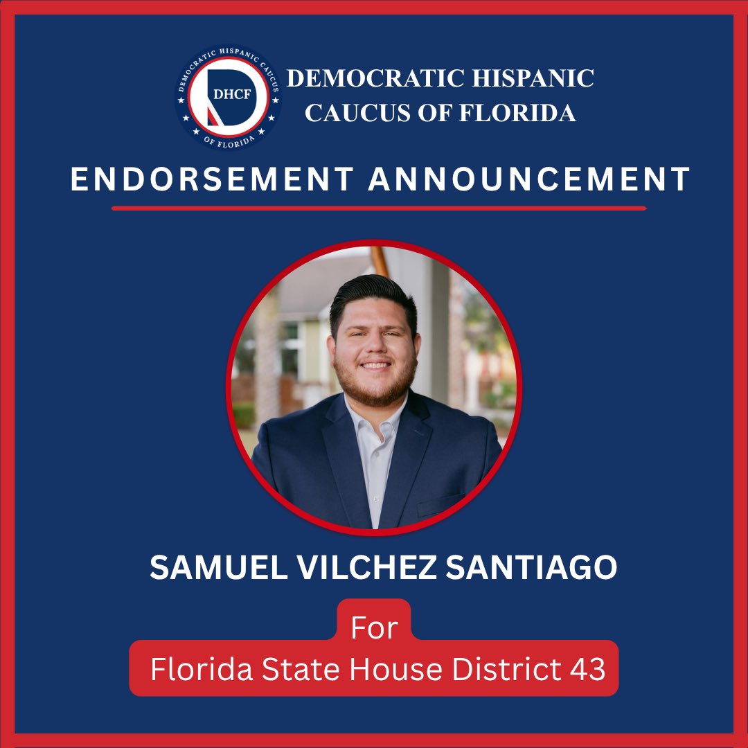 FlaHispanicDems's tweet photo. The Democratic Hispanic Caucus of Florida is proud to endorse Luis Salazar @samuelforfl for State House District 43.

Our endorsement reflects a proven commitment to Florida's Hispanic communities, strong leadership, and a vision that puts working families first.
We look forward to standing with Samuel and working together to build a better, brighter Florida for all.

Congratulations!

¡Adelante hacia la victoria!