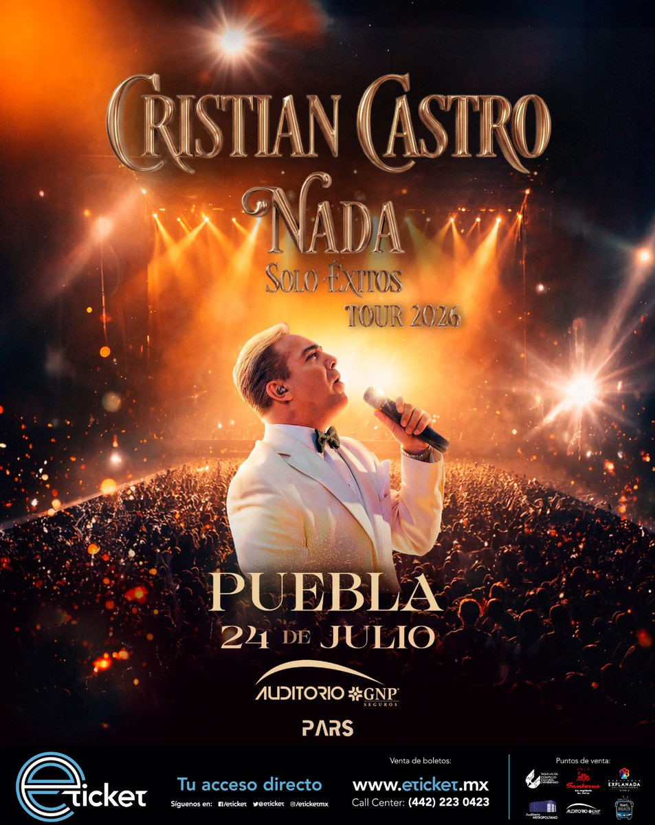TwentyMediaa_'s tweet photo. Cristian Castro llega con su “Nada Solo Éxitos Tour 2026” para una noche llena de nostalgia y romance ✨

✨ Vivir es Increíble: $4,710
🎫 Ruedo VIP: $4,120
🎵 1er Nivel: $3,305
🎼 2do Nivel: $2,480
🎤 3er Nivel: $885

#CristianCastro #Puebla #AuditorioGNP #Baladas #noticias https://t.co/I0dBs9jokI