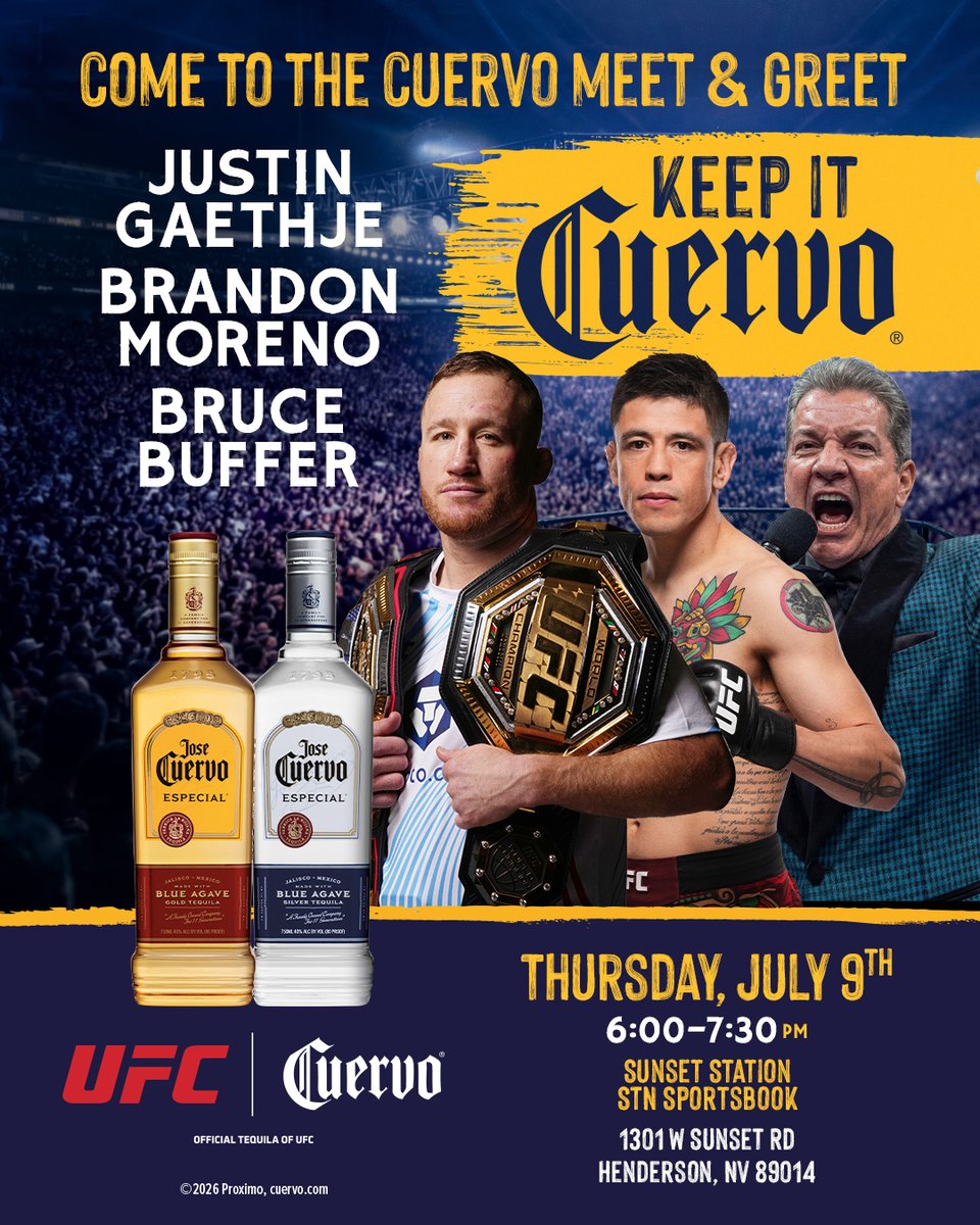ufc's tweet photo. Don't miss your chance to meet Justin Gaethje, Brandon Moreno, and Bruce Buffer on July 9 from 6-7:30pm at Sunset Station Sportsbook!

[ B2YB @josecuervo ] https://t.co/54KaRp88KL