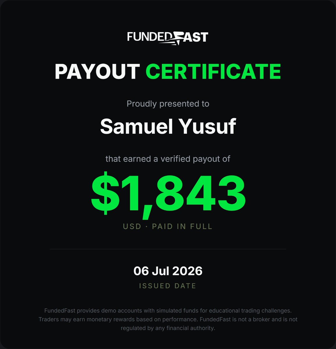 FundedFast's tweet photo. 🚨 PAYOUT ALERT 🚨

$1,843 sent to Samuel Yusuf 💸

Huge congrats Samuel, well earned! 👏 

Another trader, another payout. Paid in full. ✅

Who's next? 👀

#FundedFast #PropFirm #FundedTrader #PropTrading https://t.co/6pyWtQfxmM