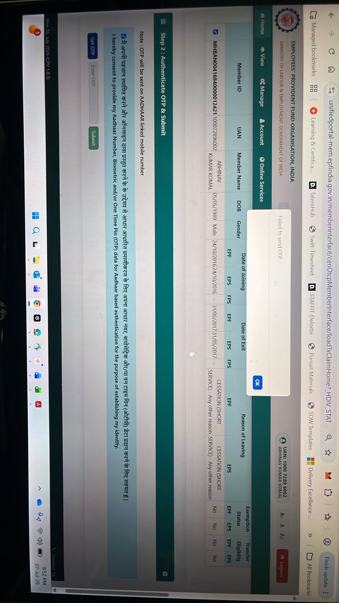 abhinavkrkomal's tweet photo. @officialepfo Getting OTP sent failed error while trying to transfer my old EPF account. Pls get this issue fixed. https://t.co/7kXJAUuAFp