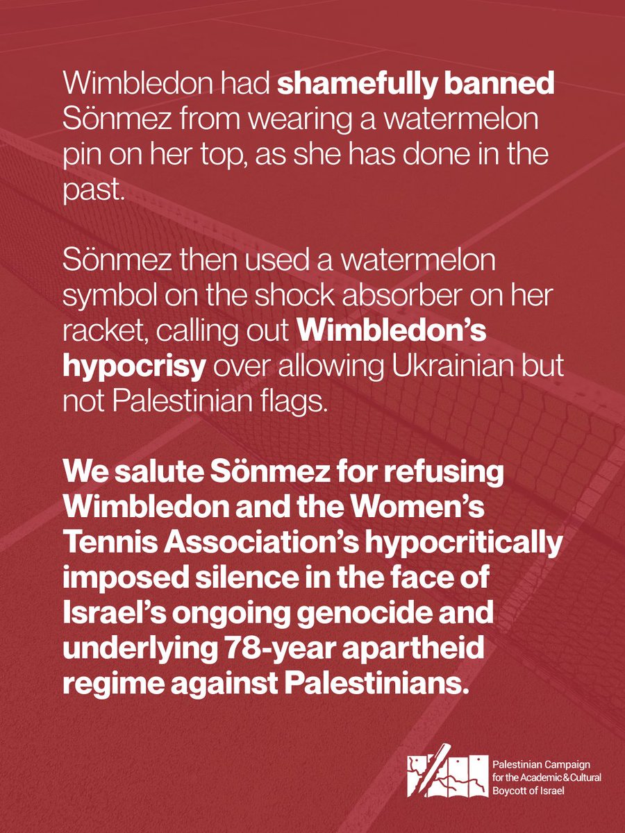 PACBI's tweet photo. Sönmez put a watermelon on her racket, calling out Wimbledon’s hypocrisy over allowing Ukrainian but not Palestinian flags.

We salute Sönmez for refusing Wimbledon &amp; WTA's hypocritically imposed silence in the face of Israel’s genocide &amp; apartheid regime against Palestinians. https://t.co/VckngEhs8F