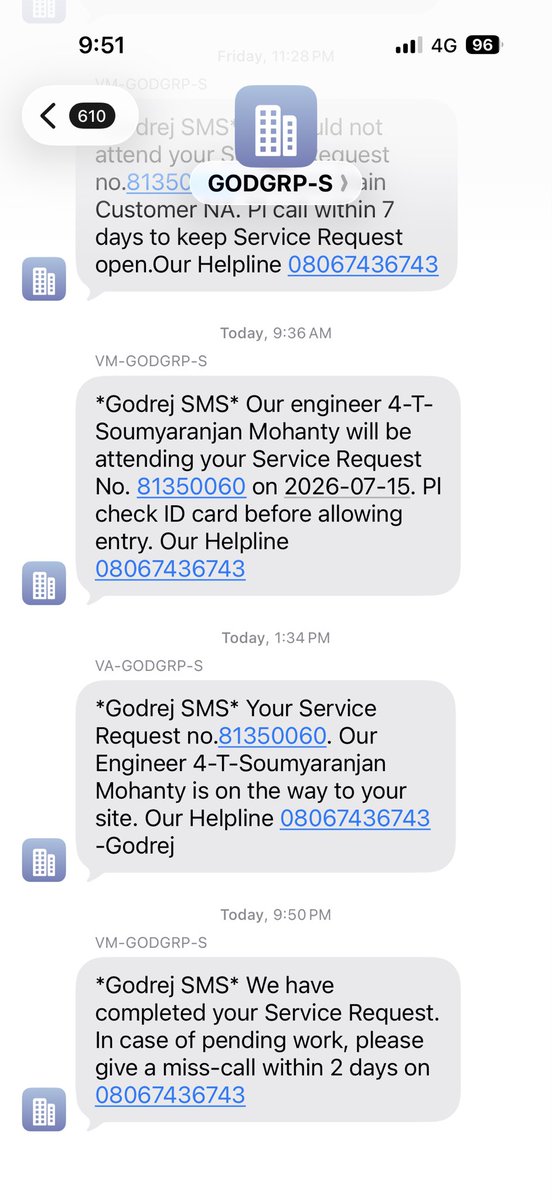 Krishna90463597's tweet photo. @GodrejAppliance As usual the first SMS came saying Technician is on the way &amp; final closure SMS saying thank you. When Godrej can’t able to provide after sales service what’s the logic of selling the product with wrong information. https://t.co/n0j0aKjmQg