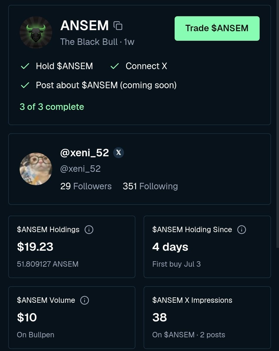 xeni_52's tweet photo. Underdog status: Low followers, small bag, but 100% committed to the vision. Following the blueprints of @blknoiz06 and tracking $ANSEM closely. Airdrop or not, we stay building, but a drop would hit different! 🤞💎🐂 https://t.co/vf3ksVaxXk
